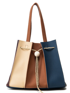 Blue Brown and Cream Leatherette Drawstring Tote Shoulder Bag