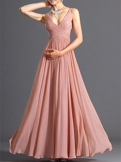 Pink Chiffon Slim V Neck Open Back Full Skirt Dress for Bridesmaid Prom Ball