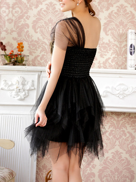 Black One Shoulder Lace Sequin Dress