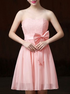 Pink Fit & Flare Lace Strapless Above Knee Cute Dress for Bridesmaid Prom