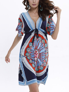 Blue Colorful Shift Above Knee Plus Size V Neck Dress for Casual Beach