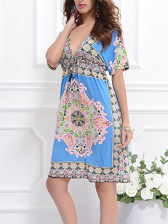 Blue Colorful Shift Above Knee Plus Size V Neck Dress for Casual Beach