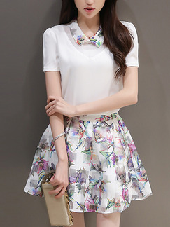 White and Pink Fit & Flare Above Knee Plus Size Shirt Floral Dress for Casual Party Evening