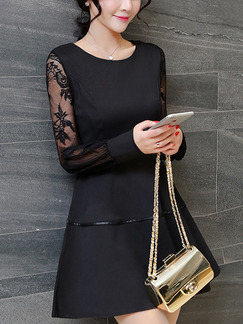Black Fit & Flare Above Knee Plus Size Lace Long Sleeve Dress for Casual Office Evening