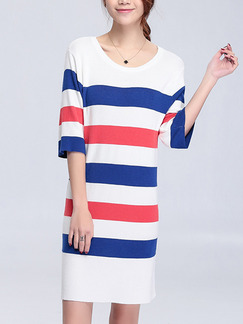 White Red Blue Shift Knee Length Dress for Casual
