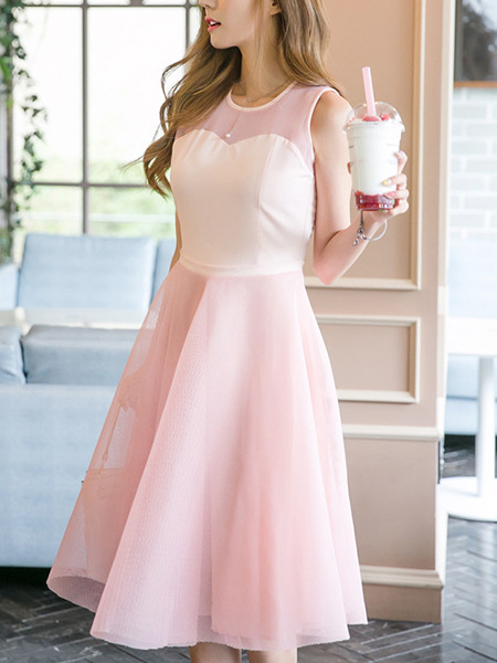 Pink Fit & Flare Knee Length Plus Size Cute Dress for Casual Evening