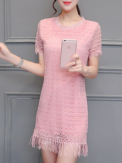 Pink Sheath Above Knee Plus Size Cute Lace Dress for Casual Office Evening