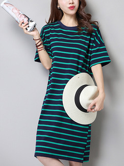 Blue and Green Stripe Shift Knee Length Plus Size Dress for Casual