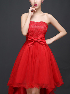 Red Fit & Flare Midi Strapless Lace Dress for Prom Bridesmaid Ball