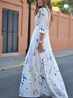 Blue and White Maxi Shirt Long Sleeve Plus Size Dress for Evening Cocktail