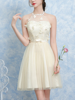 Cream Fit & Flare Above Knee Halter Dress for Bridesmaid Prom