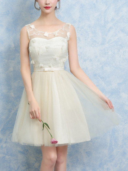 Cream Fit & Flare Above Knee Dress for Prom Bridesmaid