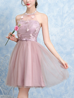 Pink Fit & Flare Above Knee Halter Dress for Prom Bridesmaid