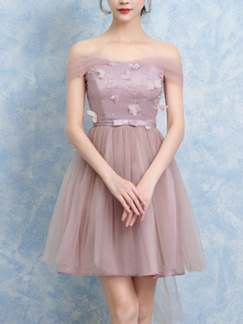 Pink Fit & Flare Above Knee Off Shoulder Dress for Prom Bridesmaid
