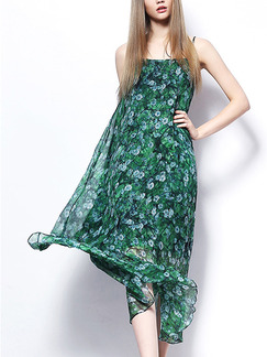 Green and Blue Slip Midi Floral Dress for Casual Beach
