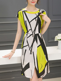 Black and White Yellow Fit & Flare Plus Size Above Knee Dress for Casual Evening Office