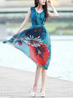 Blue Colorful Midi V Neck Plus Size Floral Dress for Casual Beach