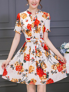 White and Red Fit & Flare Above Knee Plus Size Floral Dress for Casual Evening Party
