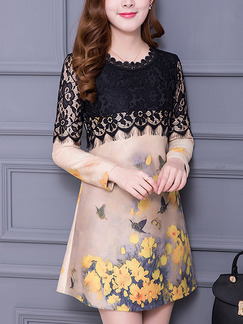 Beige Black and Yellow Shift Above Knee Plus Size Floral Lace Long Sleeve Dress for Casual Office Evening