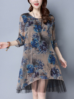 Brown Blue Shift Knee Length Plus Size Dress for Casual Party Evening