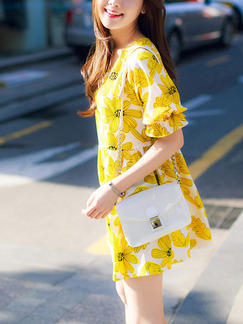 Yellow and White Shift Above Knee Plus Size Floral Dress for Casual Party