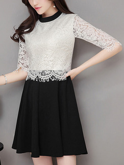 Black and White Fit & Flare Above Knee Plus Size Lace Dress for Casual Office Evening