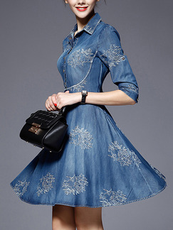 Blue Fit & Flare Above Knee Plus Size Shirt Denim Dress for Casual Evening Party
