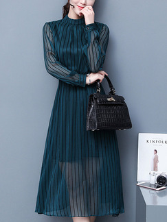 Blue Green Midi Plus Size Long Sleeve Dress for Casual Office Evening