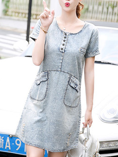 Grey Above Knee Plus Size Shift Denim Dress for Casual Party