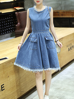 Blue Fit & Flare Above Knee Plus Size Denim Dress for Casual Party