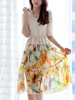 Beige and Yellow Colorful Fit & Flare Knee Length Plus Size Floral Dress for Casual Party