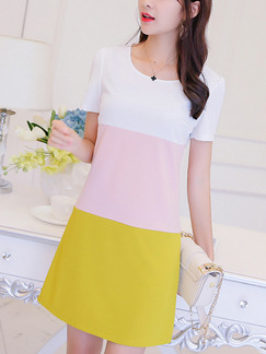 White Pink Yellow Shift Above Knee Plus Size Cute Dress for Casual