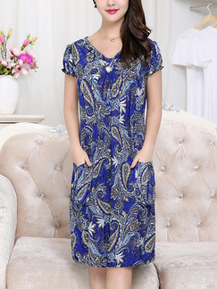 Blue Colorful Shift Knee Length V Neck Dress for Casual Party