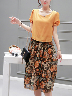 Orange and Brown Shift Knee Length Plus Size Floral Dress for Casual Office Party