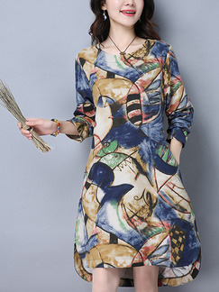 Colorful Shift Above Knee Plus Size Long Sleeve Dress for Casual Party