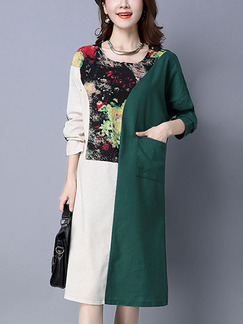 Green and Cream Colorful Shift Knee Length Plus Size Long Sleeve Dress for Casual Party Office