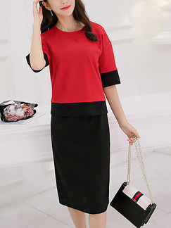 Black and Red Two Piece Sheath Knee Length Plus Size Dress for Casual Office Evening