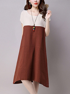Brown and Beige Shift Knee Length Plus Size Dress for Casual Party