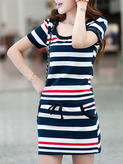 Blue White Red Stripe Shift Above Knee Plus Size Dress for Casual