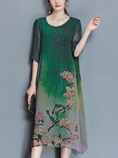 Green Colorful Shift Plus Size Midi Floral Dress for Casual Party