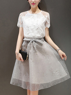 Grey and White Fit & Flare Above Knee Plus Size Lace Dress for Casual Office Party
