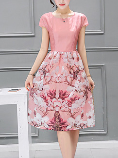 Pink Fit & Flare Above Knee Cute Plus Size Floral Dress for Casual Party