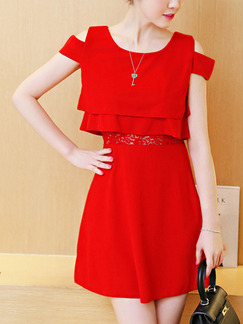 Red Fit & Flare Above Knee Plus Size Lace Dress for Casual Office Party Evening