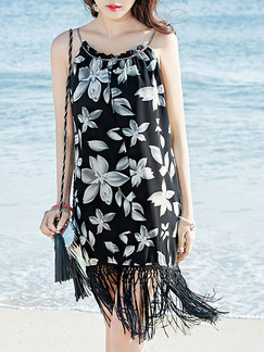 Black and White Shift Slip Floral Knee Length Dress for Casual Beach