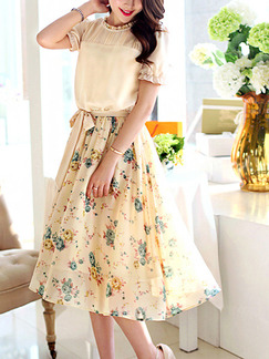 Beige Colorful Fit & Flare Knee Length Plus Size Floral  Dress for Casual Office Party
