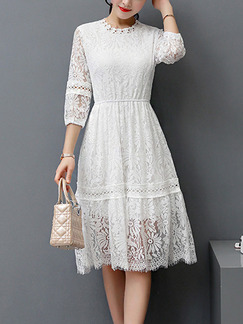 White Fit & Flare Knee Length Lace Plus Size Dress for Casual Office Party Evening