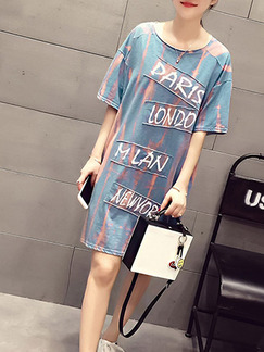Blue and Pink Shift Shirt Above Knee Plus Size Dress for Casual