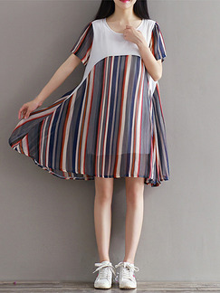 White Blue and Red Shift Above Knee Plus Size Dress for Casual