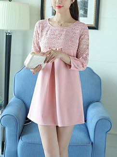 Pink Cute Shift Lace Above Knee Plus Size Long Sleeve Dress for Casual Office Party Evening