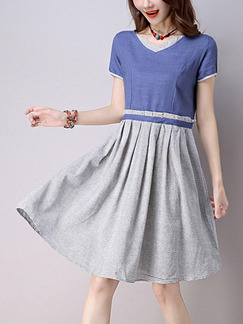 Blue and Grey Fit & Flare Above Knee Plus Size Dress for Casual Office Party